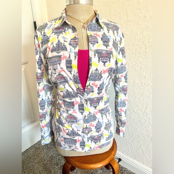 Talbots Bird Cage Print Button Down Cotton Blouse Size S - Picture 6 of 9